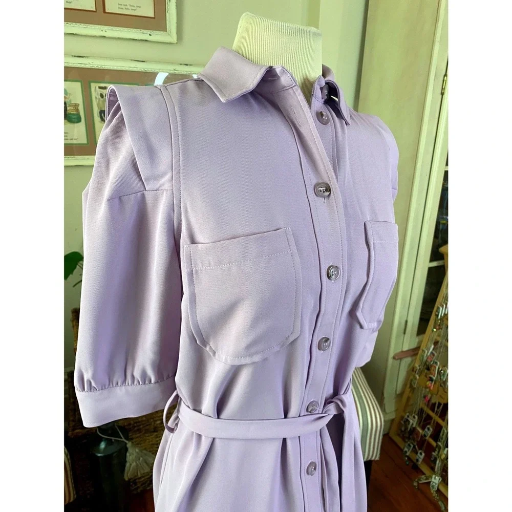 NWT Esqualo  Purple Button Down Belted Shirt Dress career size‎ 4 lilac dreams